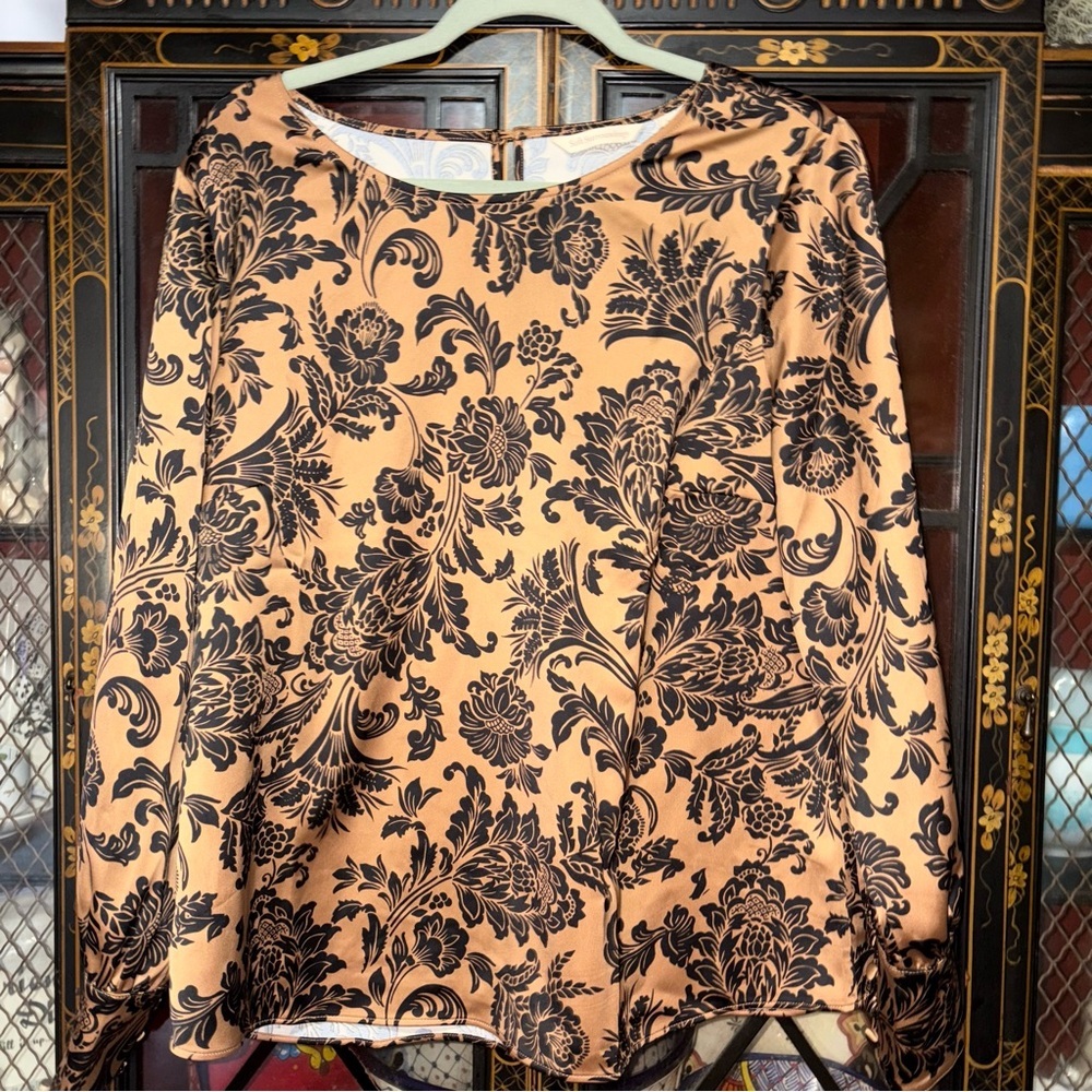 Soft Surroundings Brown With Black Pattern Long Sleeve Blouse Size Large